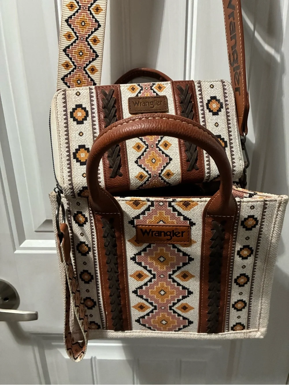 Wrangler Embroidered Crossbody Tote in Cream and Brown with matching wallet